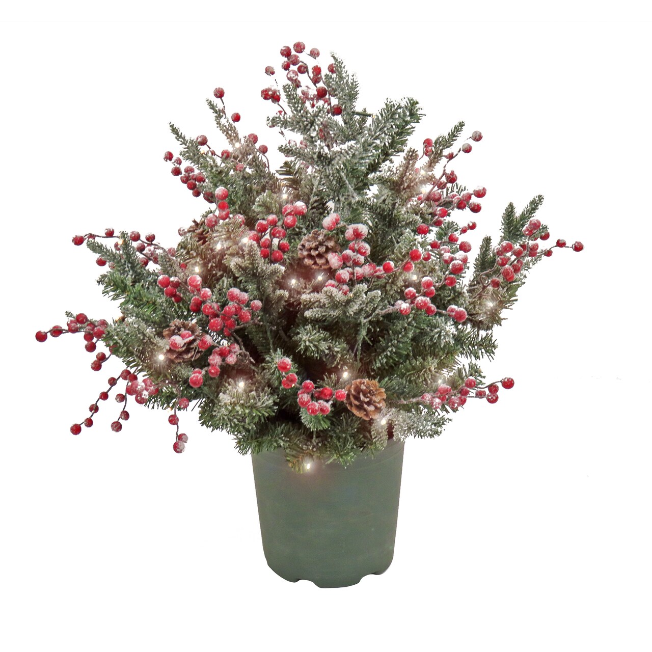 HGTV Home Collection Pre Lit Artificial Christmas Shrub Planter Filler,  Mixed Branch Tips, Decorated with Pinecones and Berries, Battery Powered,  28 Inches
